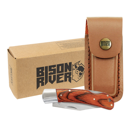 Bison River 4" Wood Folding Knife with Leather Sheath