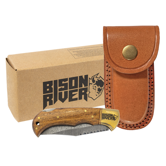 Bison River 3 3/4" Wood Folding Knife with Damascus Steel Blade and Leather Sheath