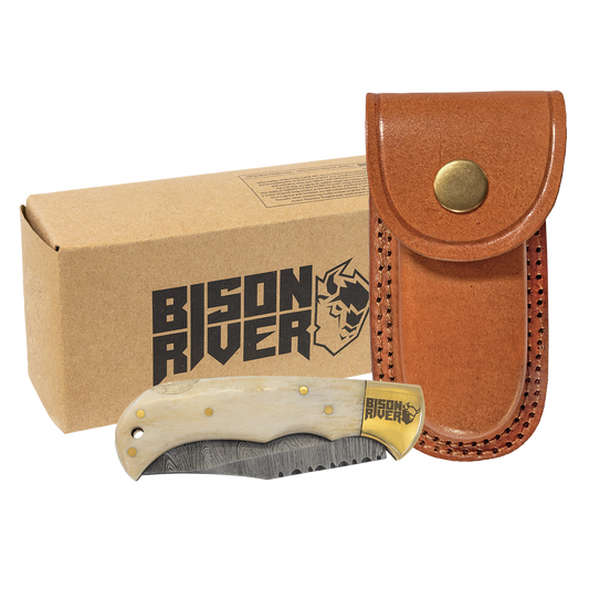Bison River 3 3/4" Bone Folding Knife with Damascus Steel Blade and Leather Sheath