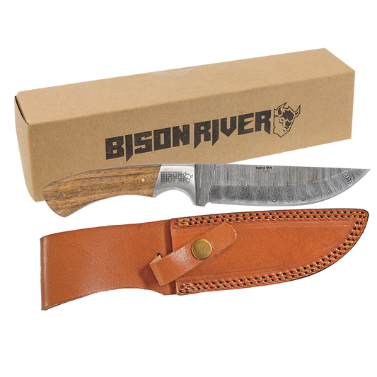 Bison River 9 1/2" Fixed Blade Wood Knife with Damascus Steel Blade and Leather Sheath